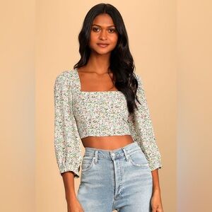 Lulus Even Sweeter Floral Print Three-Quarter Sleeve Crop Top Square Neck, small